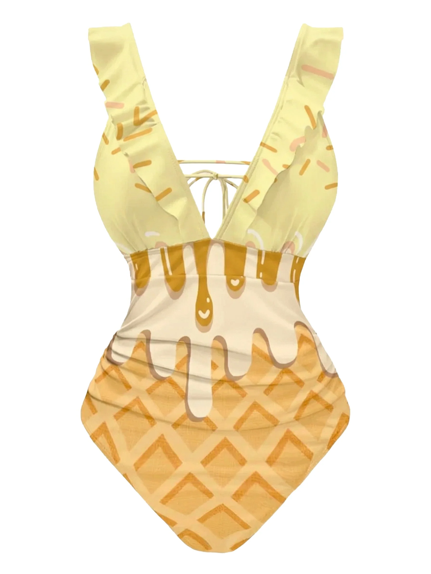 Rosa 1970er Rüschen Zurückbinden Eiscreme Badeanzug - Image 3
