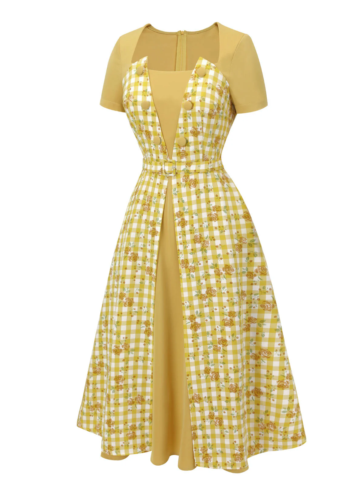 Gelbes 1950er Karo Rosen Pane Raglankleid - Image 3