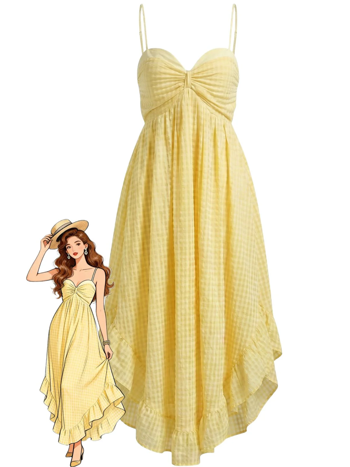 Gelbes 30er Gingham-Midikleid mit Spaghettiträgern und Rüschen
