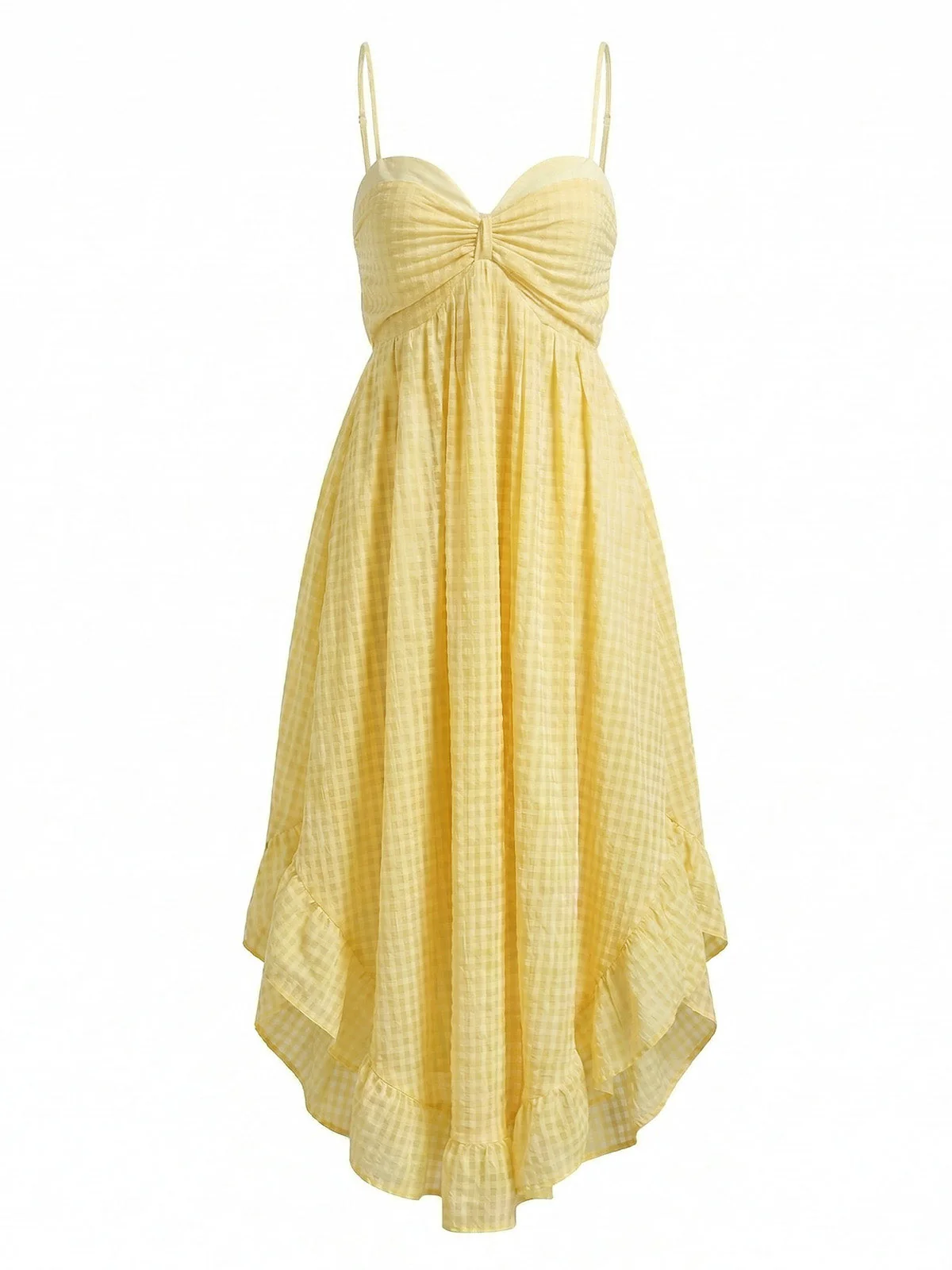Gelbes 30er Gingham-Midikleid mit Spaghettiträgern und Rüschen - Image 2