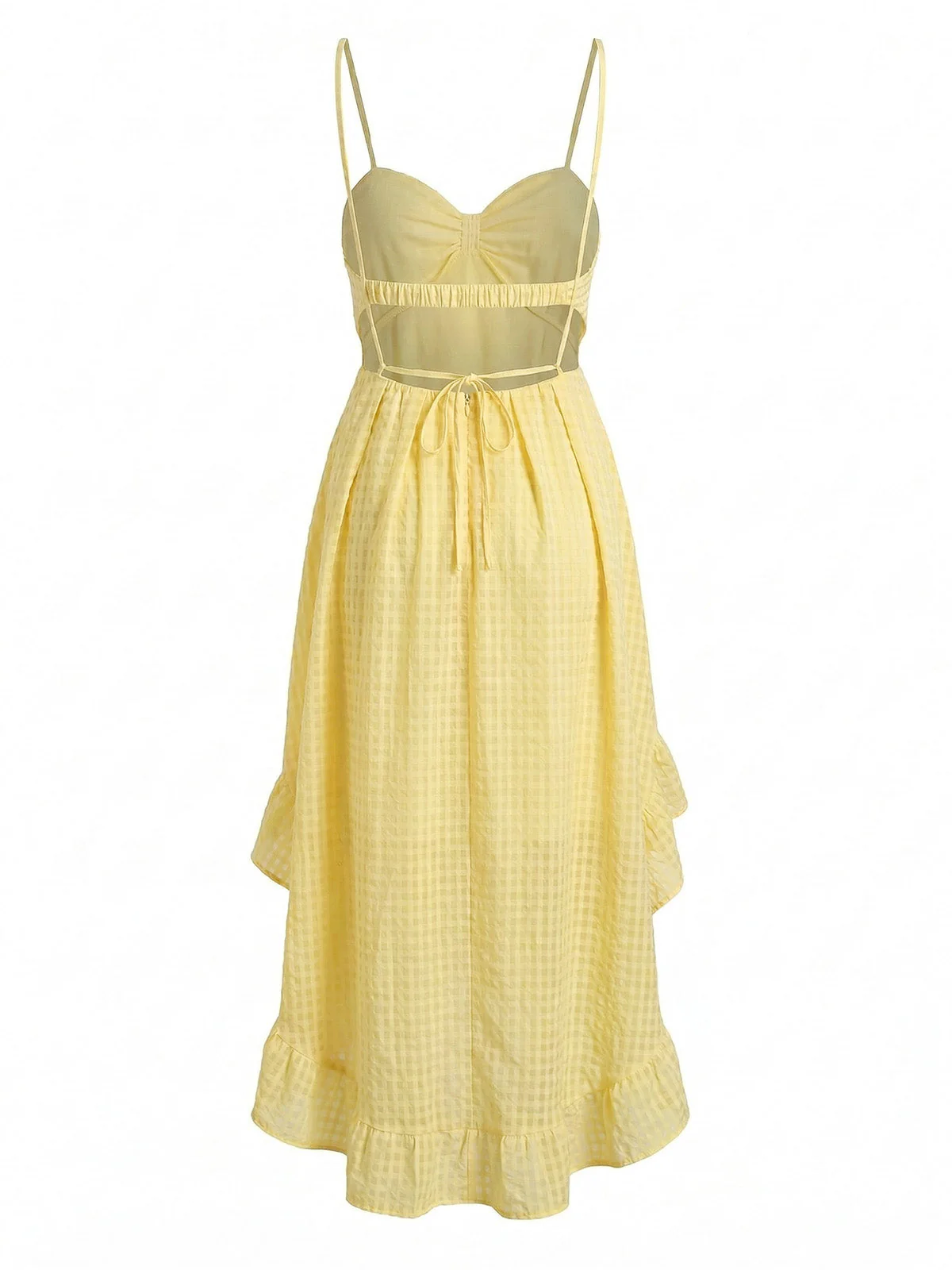 Gelbes 30er Gingham-Midikleid mit Spaghettiträgern und Rüschen - Image 3