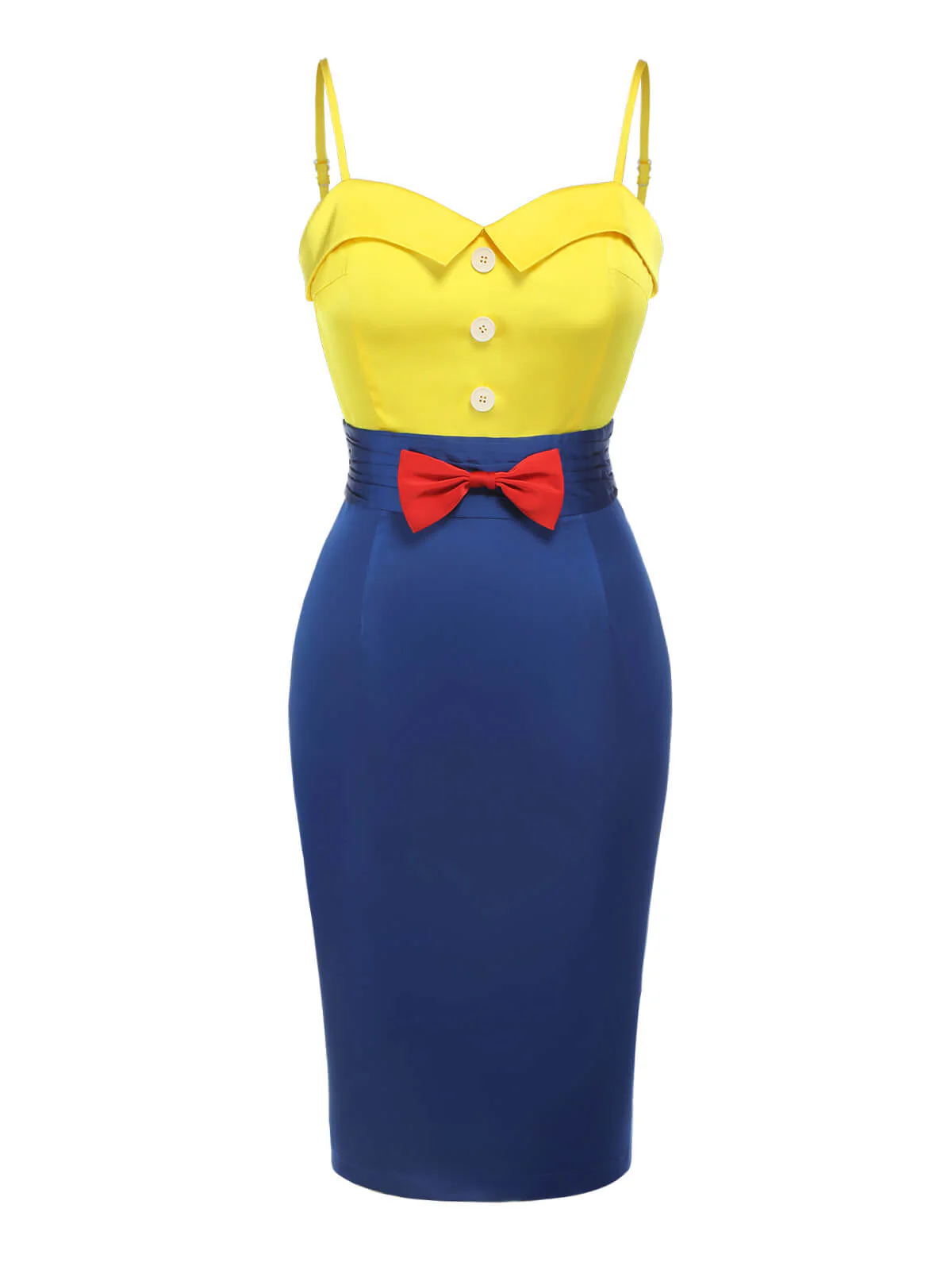 Gelb & Blau 1960er Schneewittchen Kostüm Bogen Bleistift Kleid - Image 4