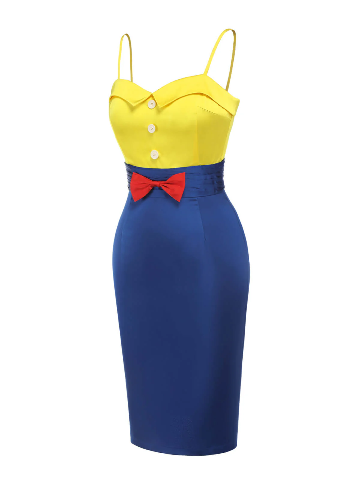 Gelb & Blau 1960er Schneewittchen Kostüm Bogen Bleistift Kleid - Image 5