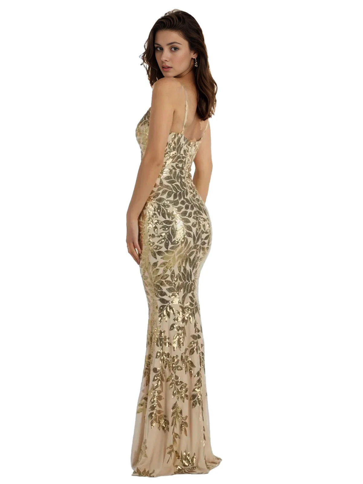 Gold 1920er Blätter Pailletten Netz Fischschwan Kleid - Image 4
