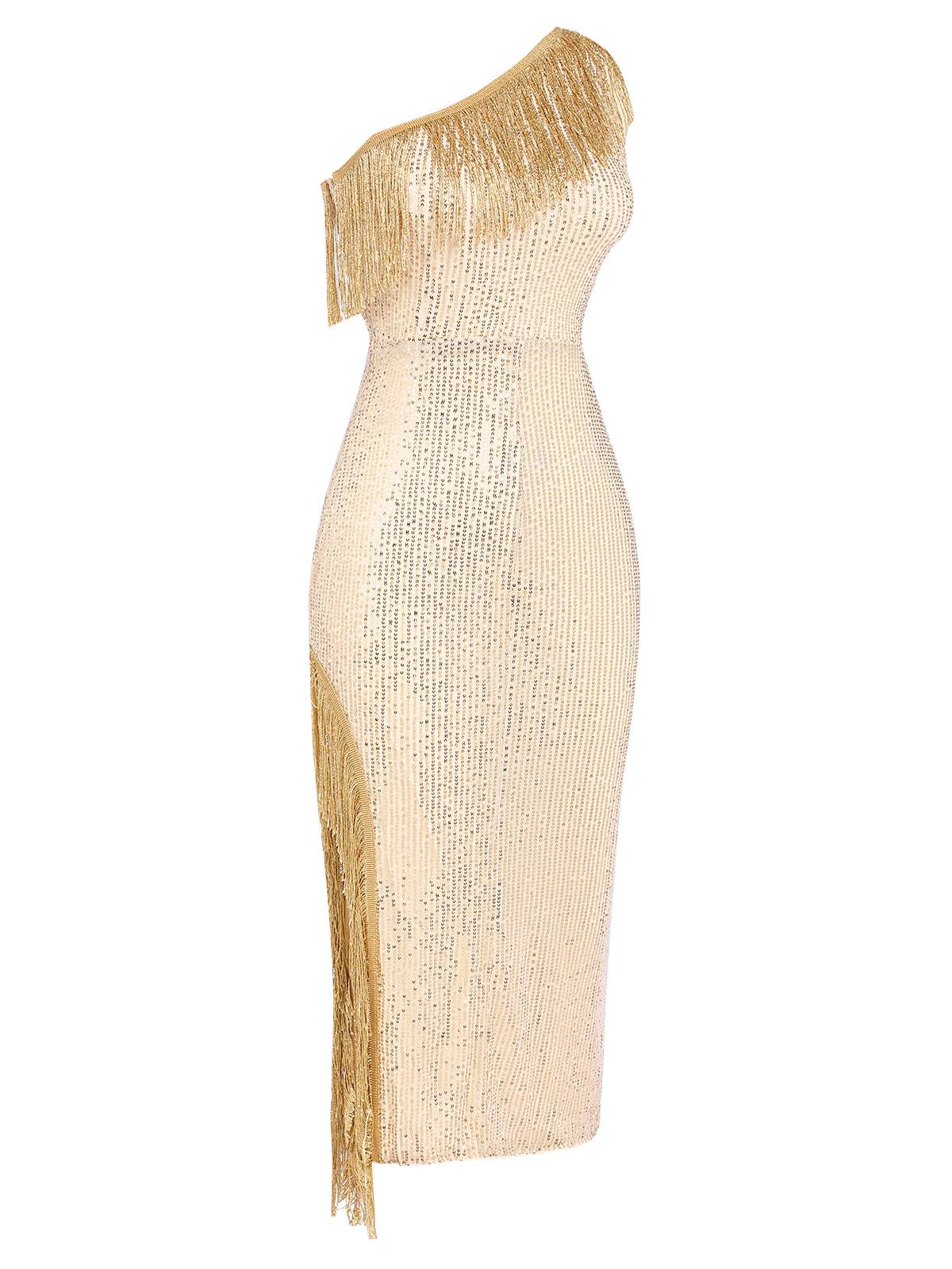Gold 1920er Eine Schulter Pailletten Quaste Kleid - Image 3