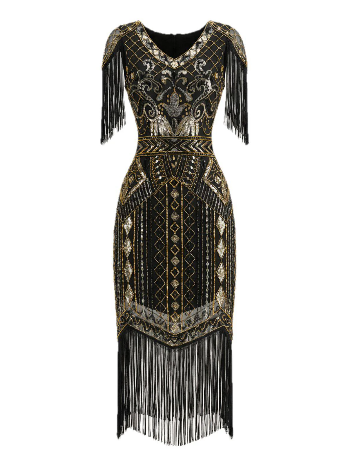 Dunkelgrün 1920er Pailletten Fransen Flapper V-Ausschnitt Kleid - Image 13