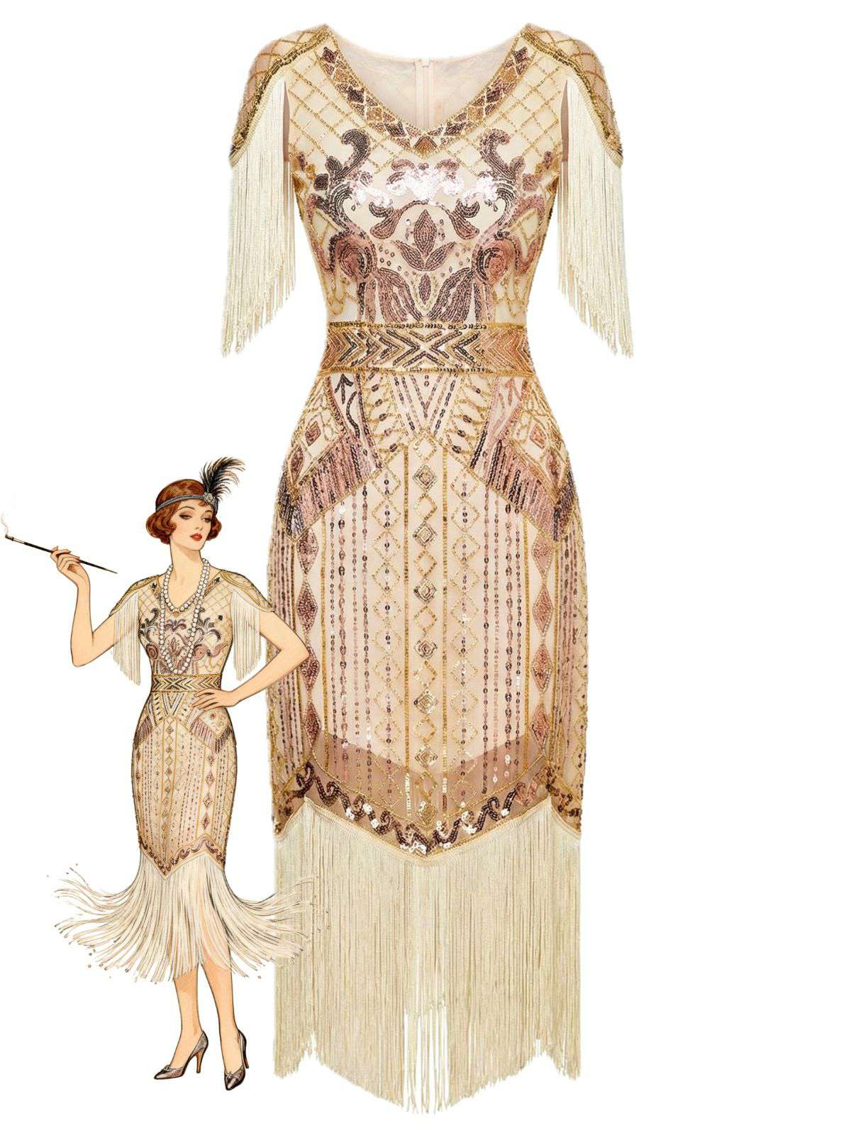Dunkelgrün 1920er Pailletten Fransen Flapper V-Ausschnitt Kleid - Image 6