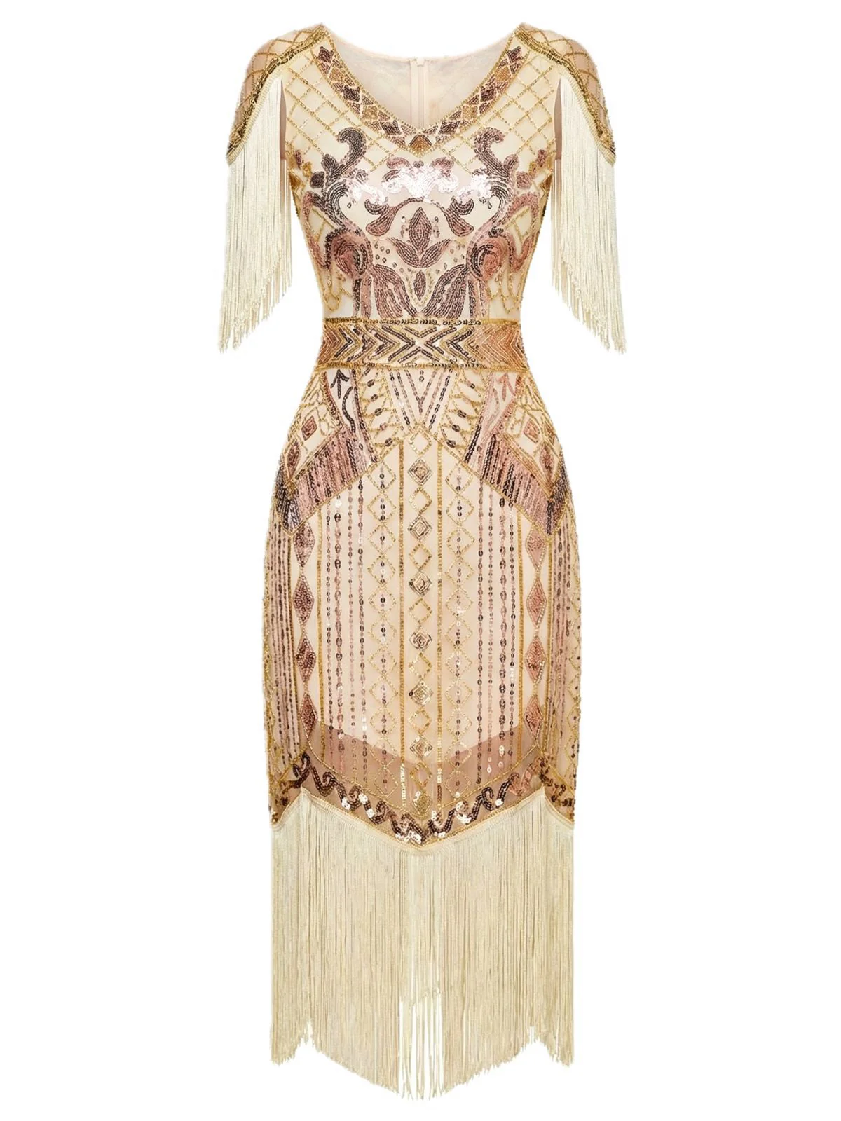 Dunkelgrün 1920er Pailletten Fransen Flapper V-Ausschnitt Kleid - Image 9