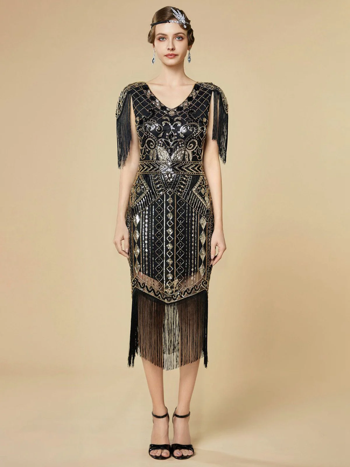 Dunkelgrün 1920er Pailletten Fransen Flapper V-Ausschnitt Kleid - Image 15