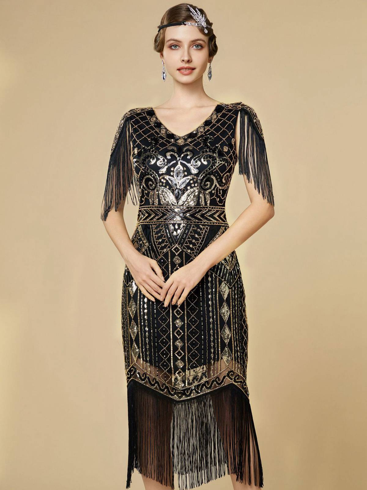 Dunkelgrün 1920er Pailletten Fransen Flapper V-Ausschnitt Kleid - Image 16