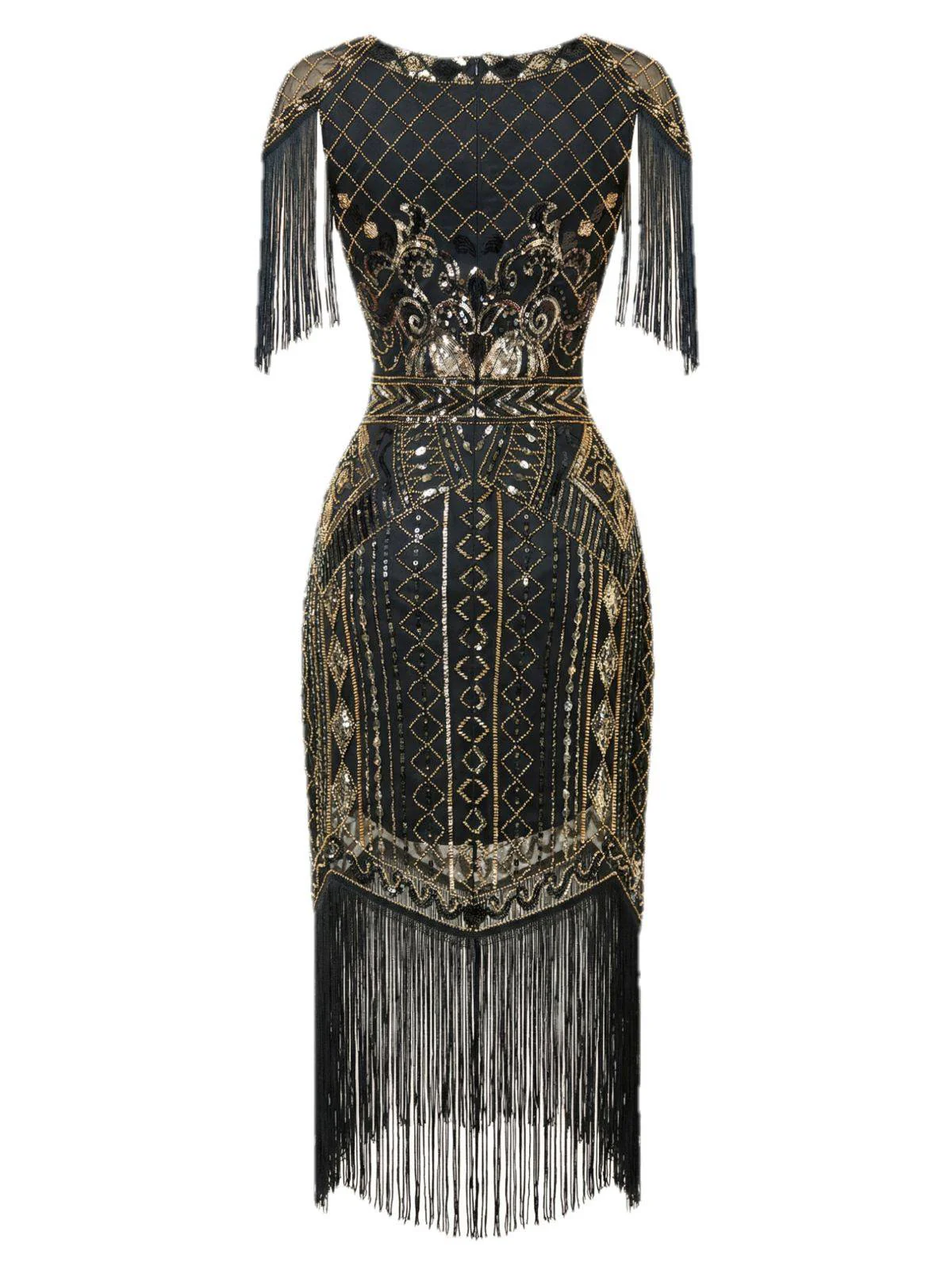 Dunkelgrün 1920er Pailletten Fransen Flapper V-Ausschnitt Kleid - Image 17