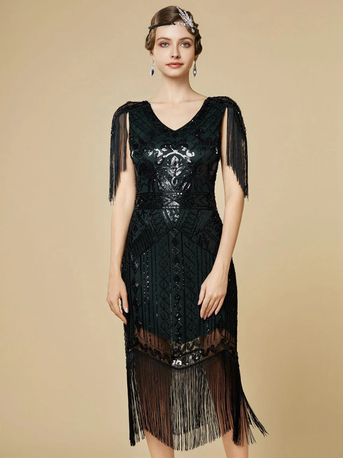 Dunkelgrün 1920er Pailletten Fransen Flapper V-Ausschnitt Kleid