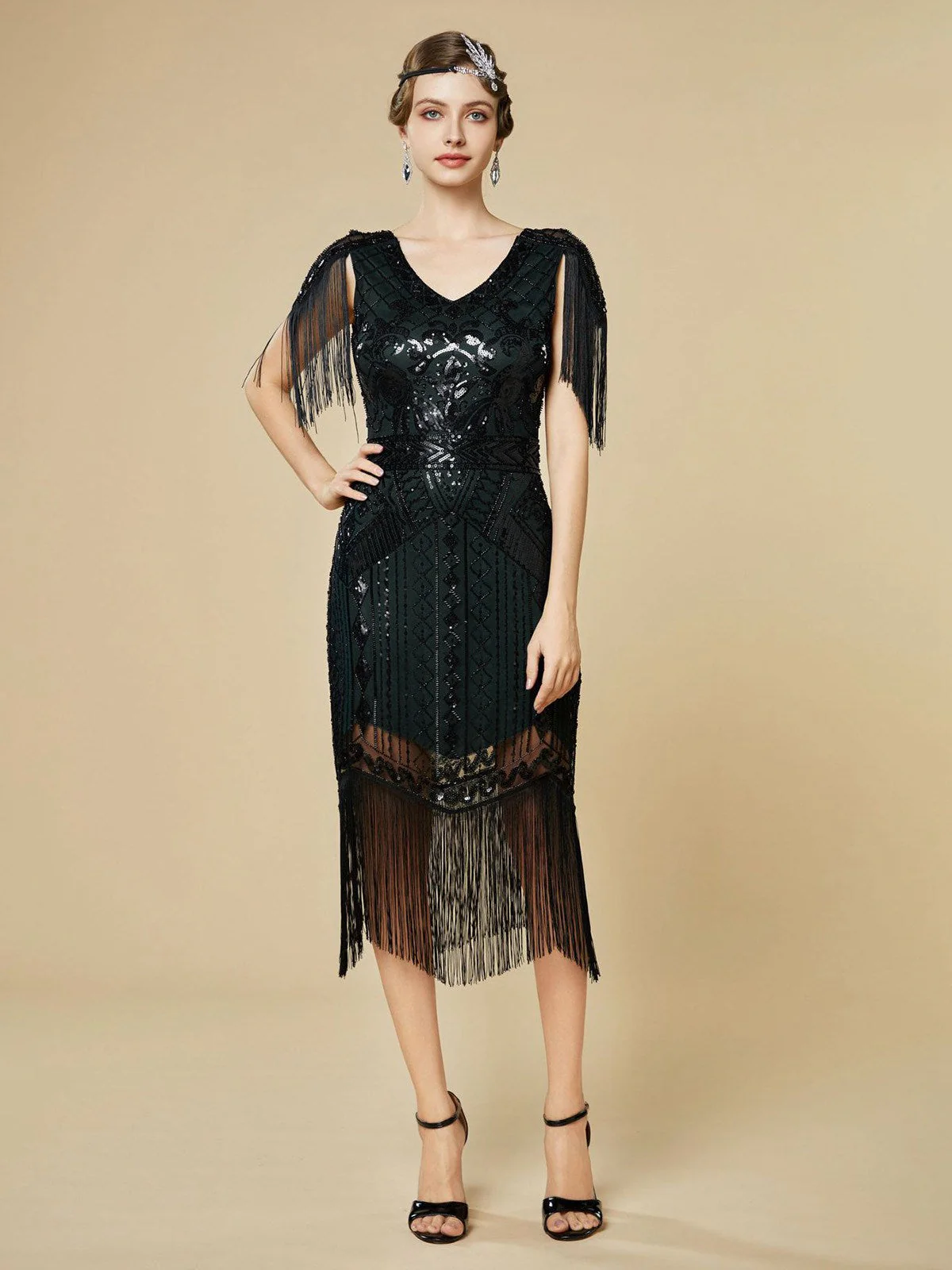 Dunkelgrün 1920er Pailletten Fransen Flapper V-Ausschnitt Kleid - Image 2
