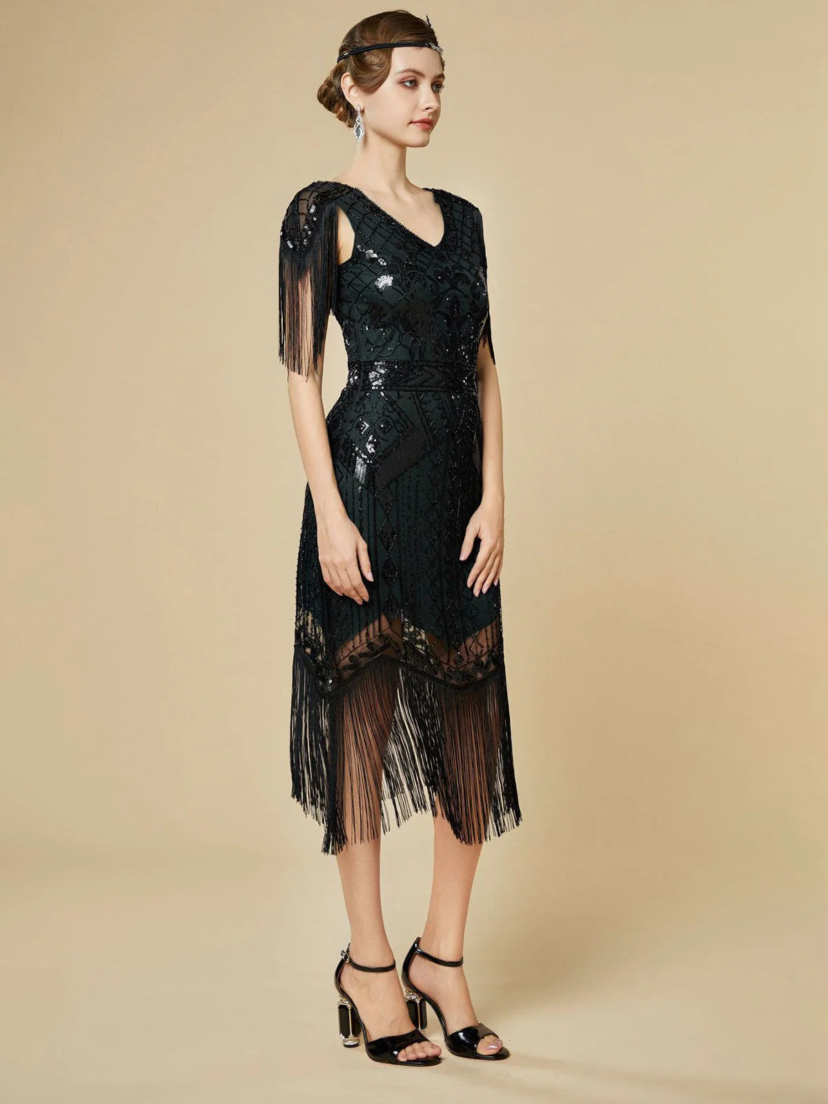 Dunkelgrün 1920er Pailletten Fransen Flapper V-Ausschnitt Kleid - Image 3