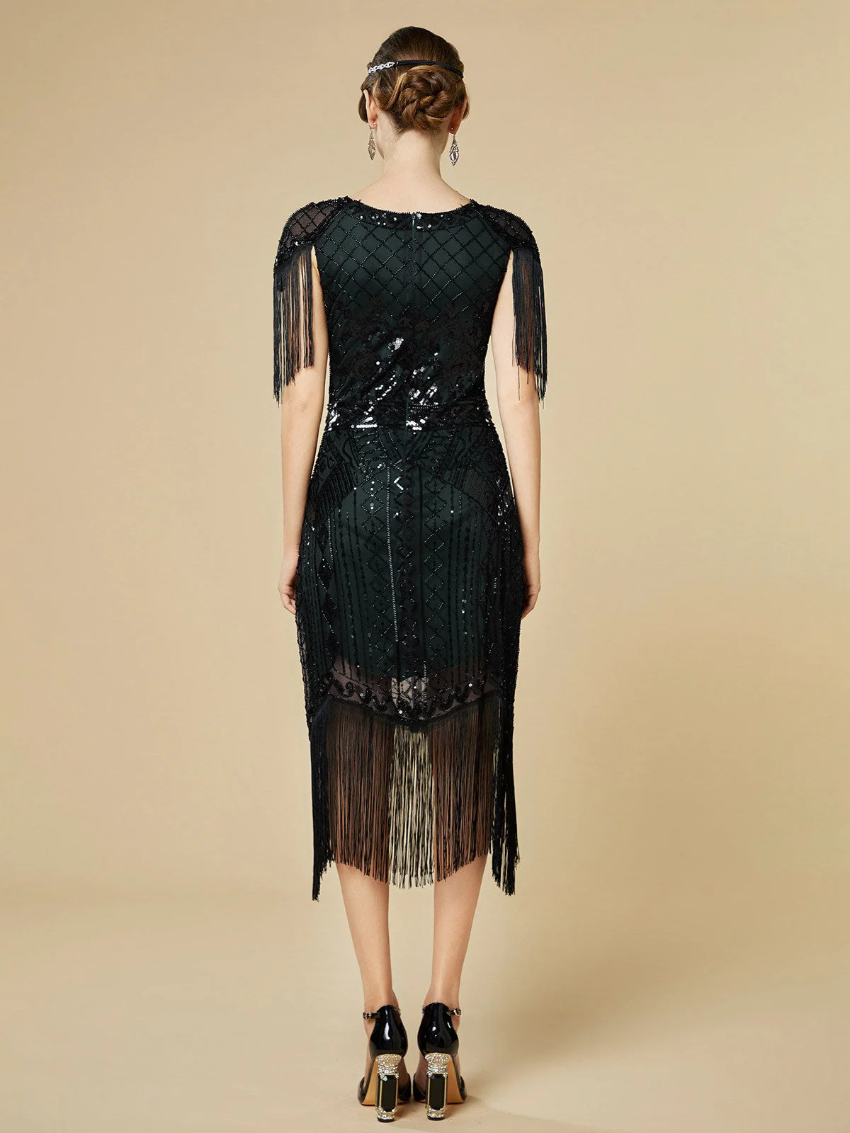 Dunkelgrün 1920er Pailletten Fransen Flapper V-Ausschnitt Kleid - Image 4