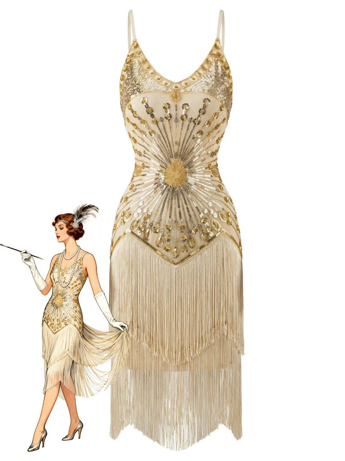 1920er Pailletten Fransen Spaghetti TrÀger Flapper Kleid