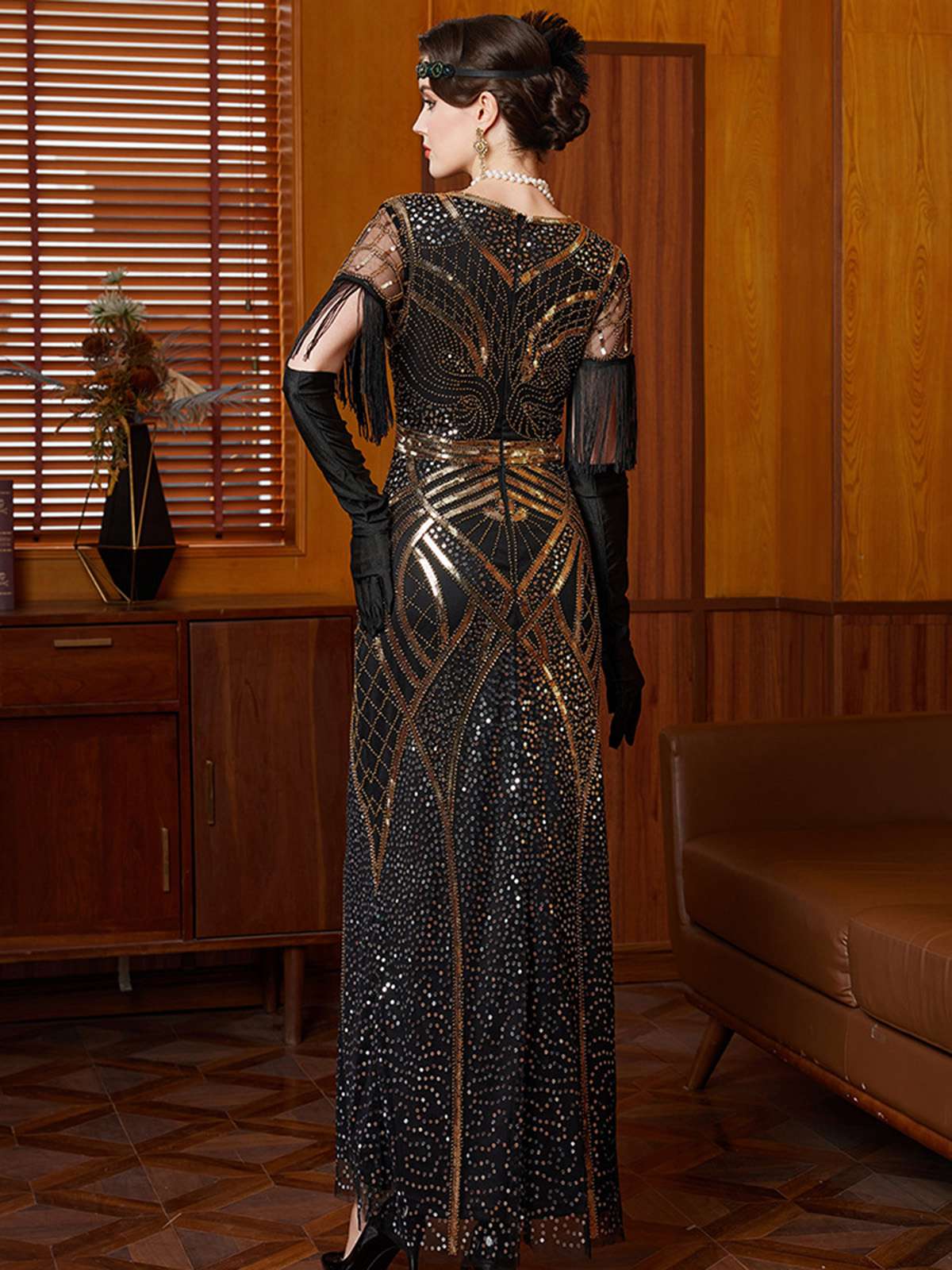 Gold 1920er Pailletten Quaste V-Ausschnitt Maxi Kleid - Image 3
