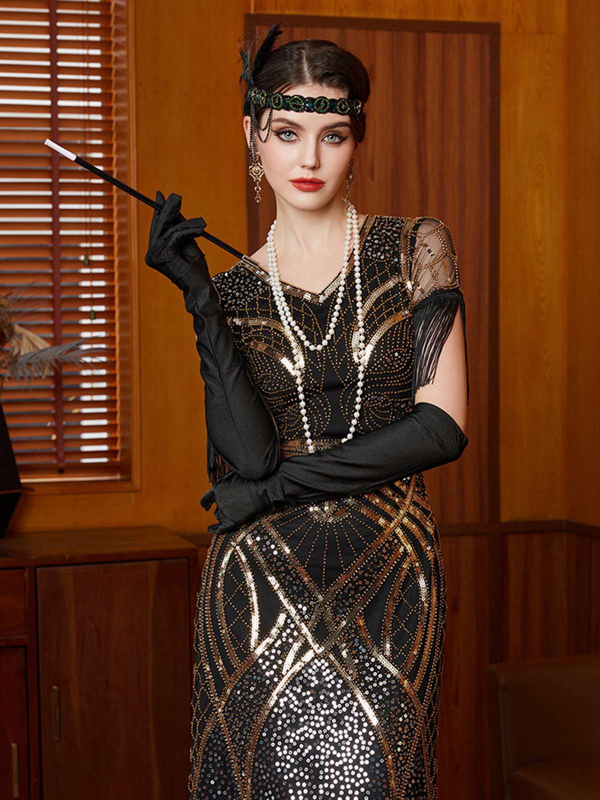 Gold 1920er Pailletten Quaste V-Ausschnitt Maxi Kleid - Image 4