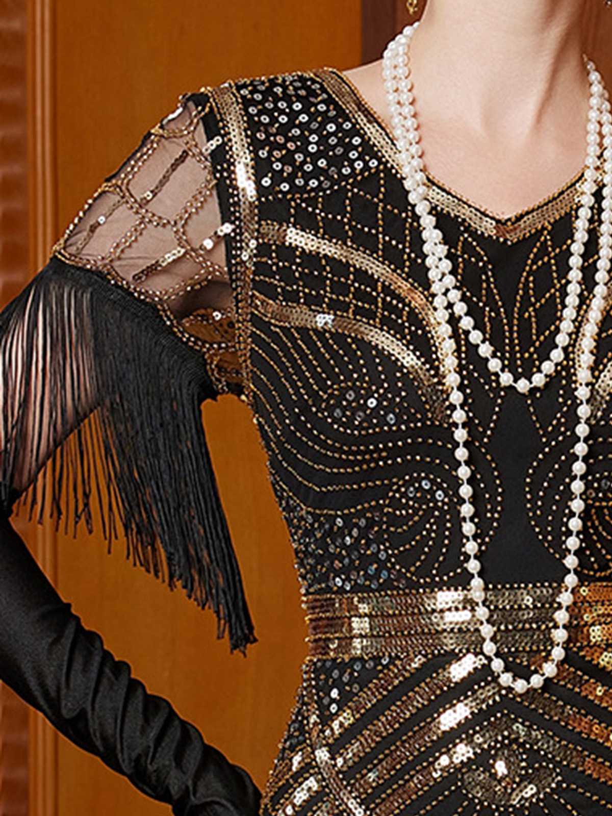 Gold 1920er Pailletten Quaste V-Ausschnitt Maxi Kleid - Image 6