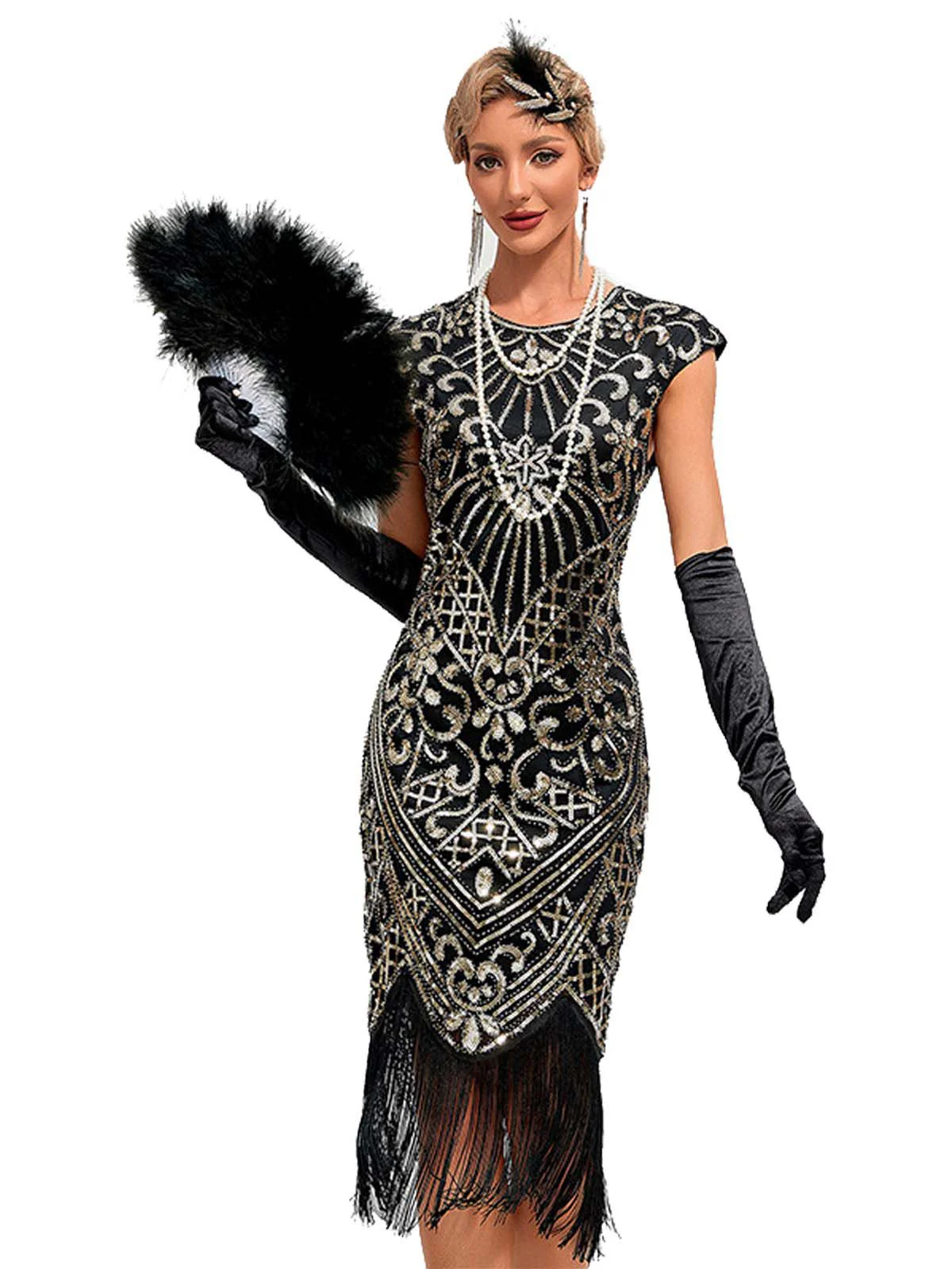 1920er Pailletten Rand Rundhals Flügelärmel Kleid - Image 5