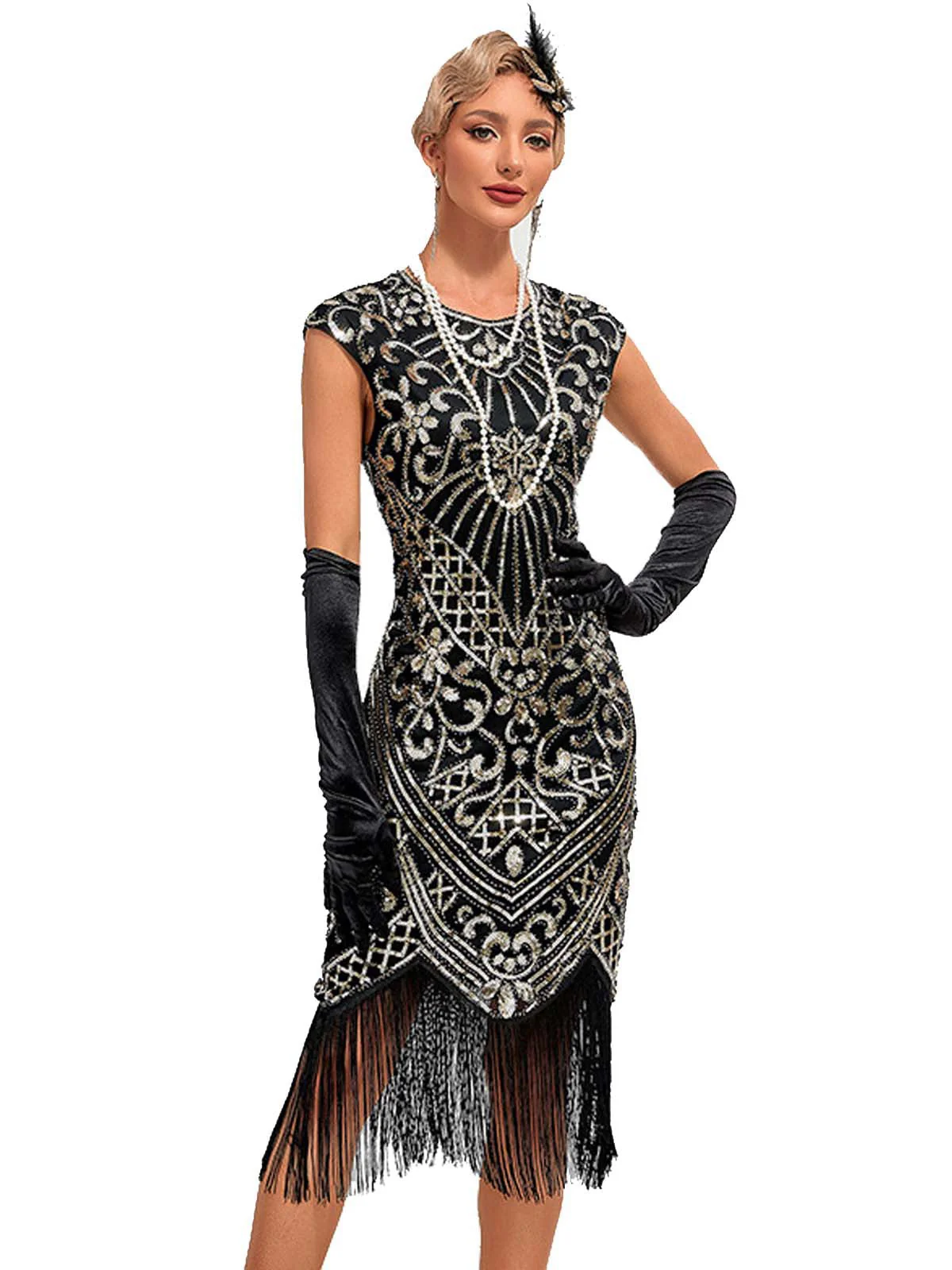 1920er Pailletten Rand Rundhals Flügelärmel Kleid - Image 6