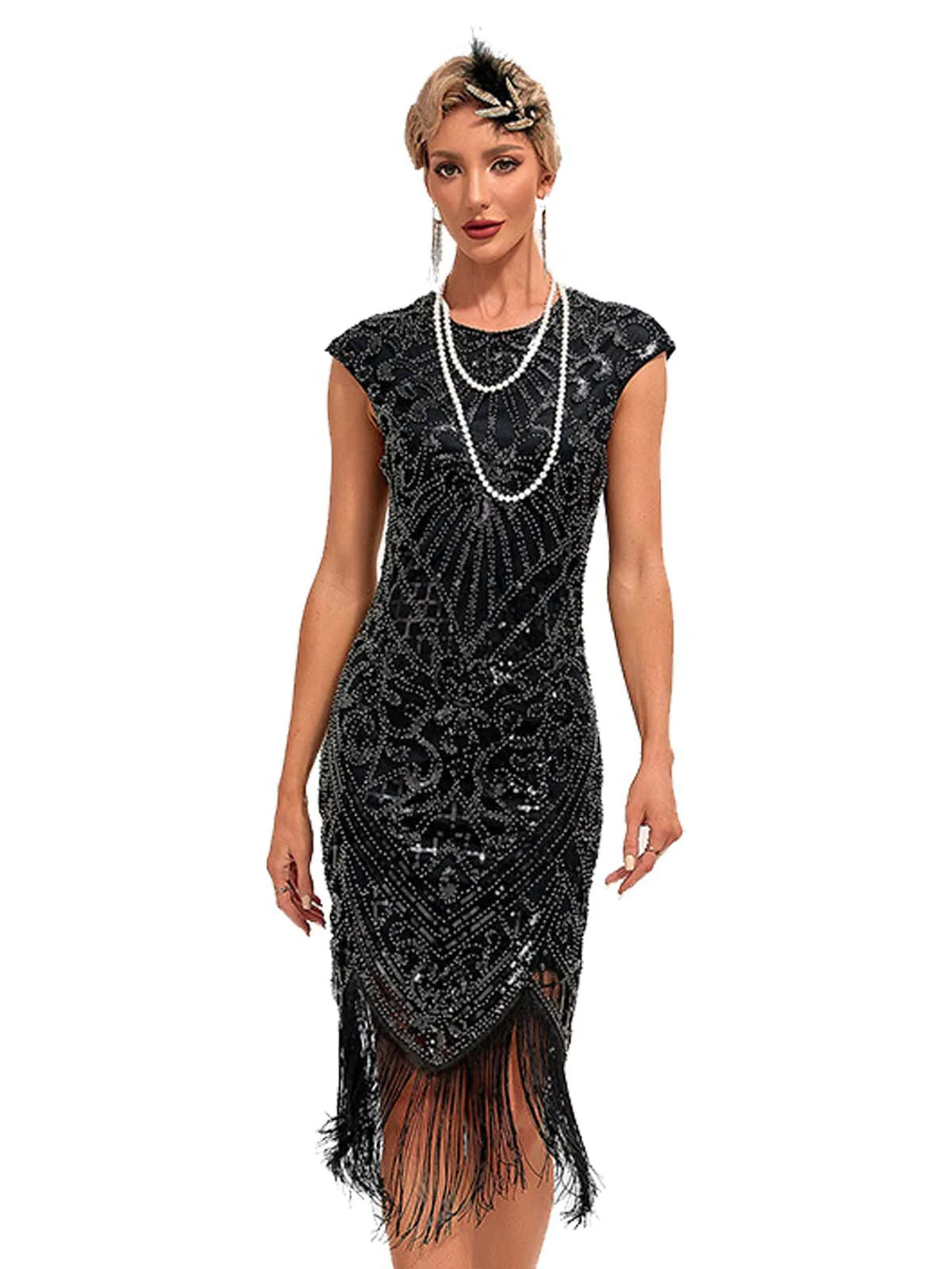 1920er Pailletten Rand Rundhals Flügelärmel Kleid