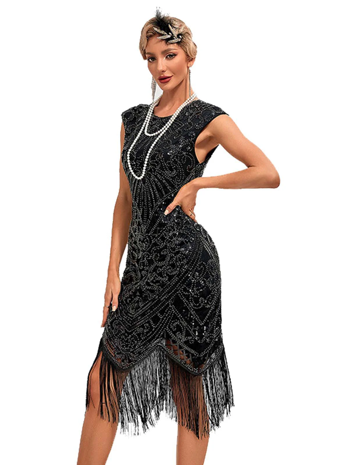 1920er Pailletten Rand Rundhals Flügelärmel Kleid - Image 2