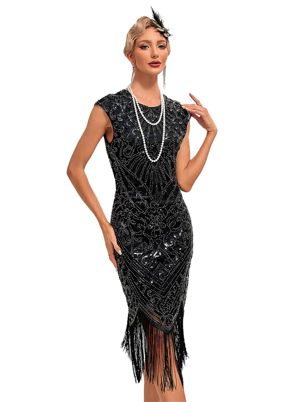 1920er Pailletten Rand Rundhals Flügelärmel Kleid - Image 3