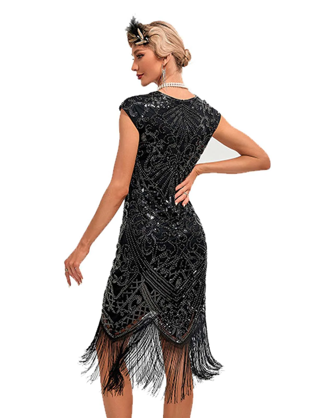 1920er Pailletten Rand Rundhals Flügelärmel Kleid - Image 4