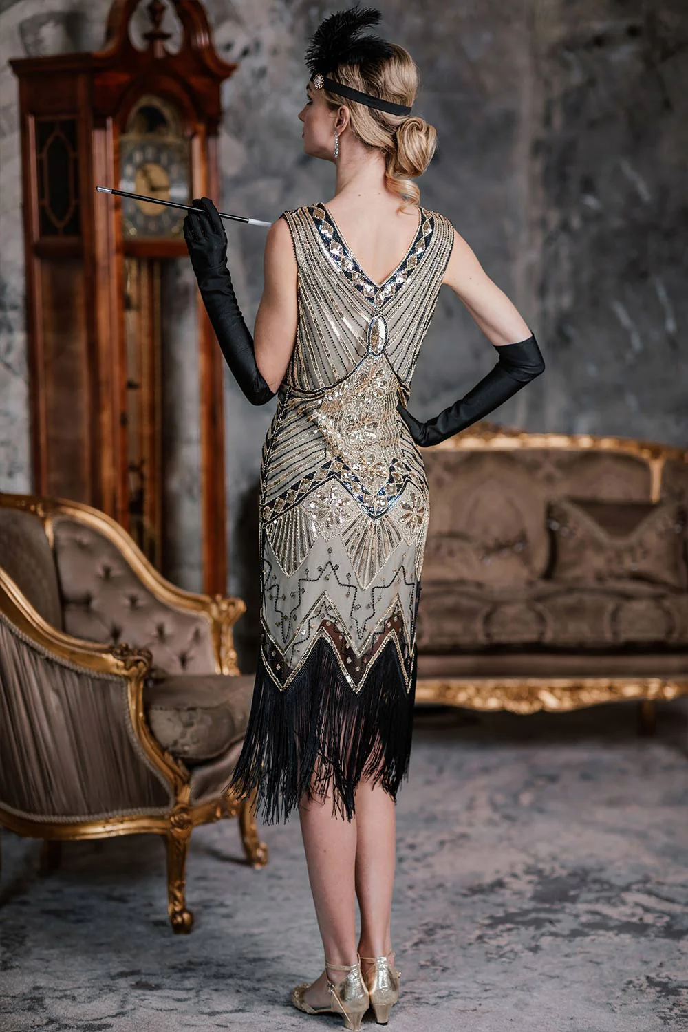 CHAMPAGNER 1920ER PERLEN FRANSE FLAPPER KLEID - Image 4