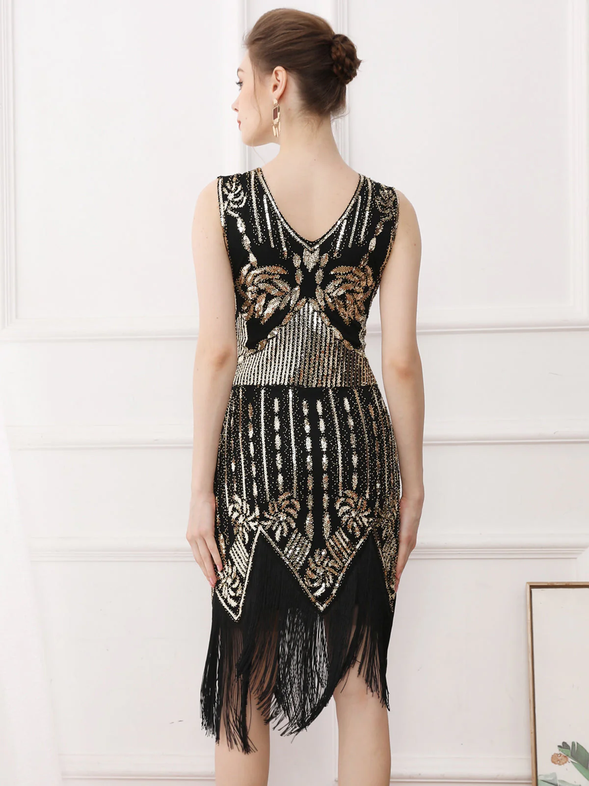 Gold 1920er Quaste Pailletten Ärmellos Gatsby Kleid - Image 2