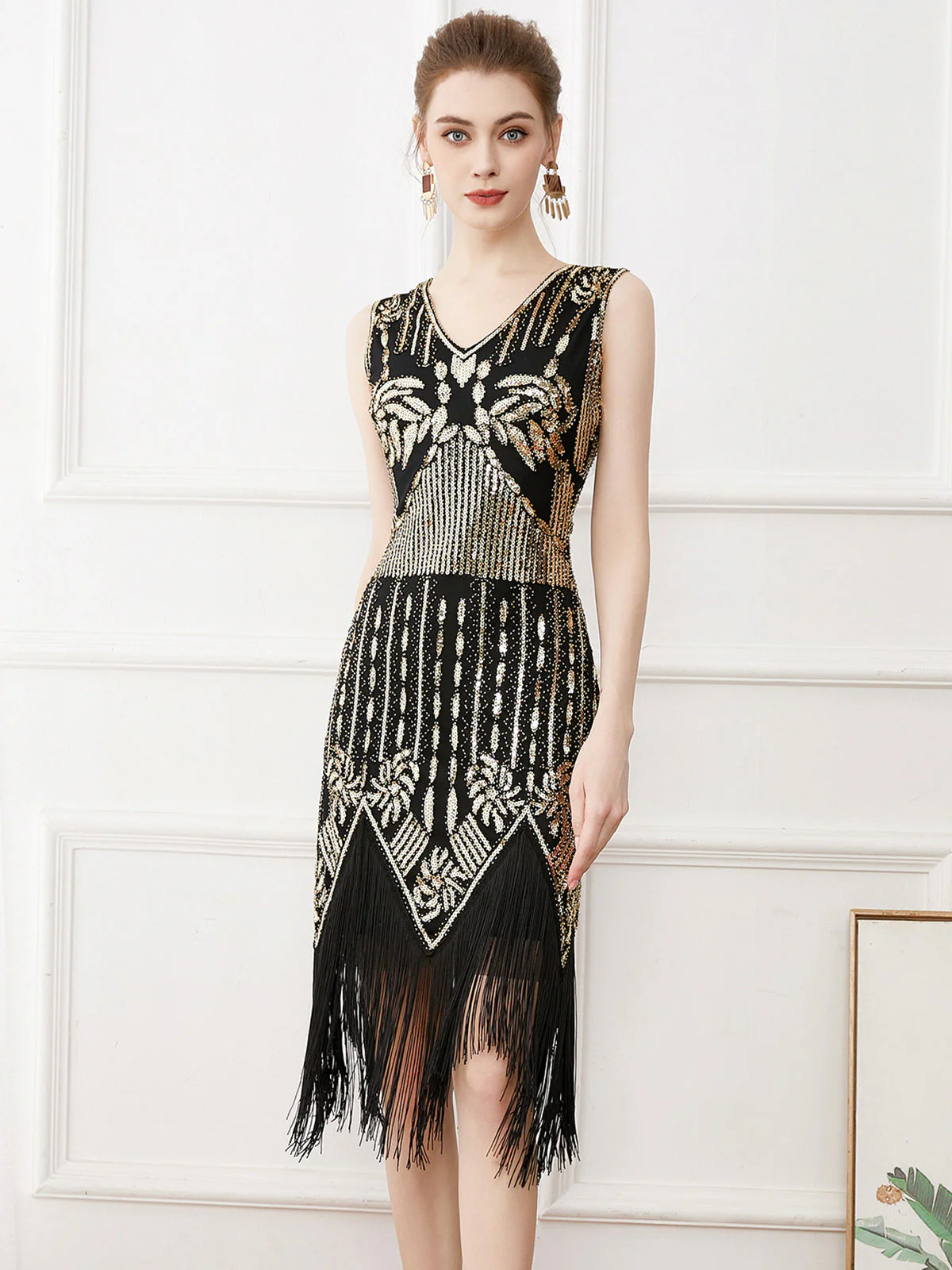 Gold 1920er Quaste Pailletten Ärmellos Gatsby Kleid - Image 3