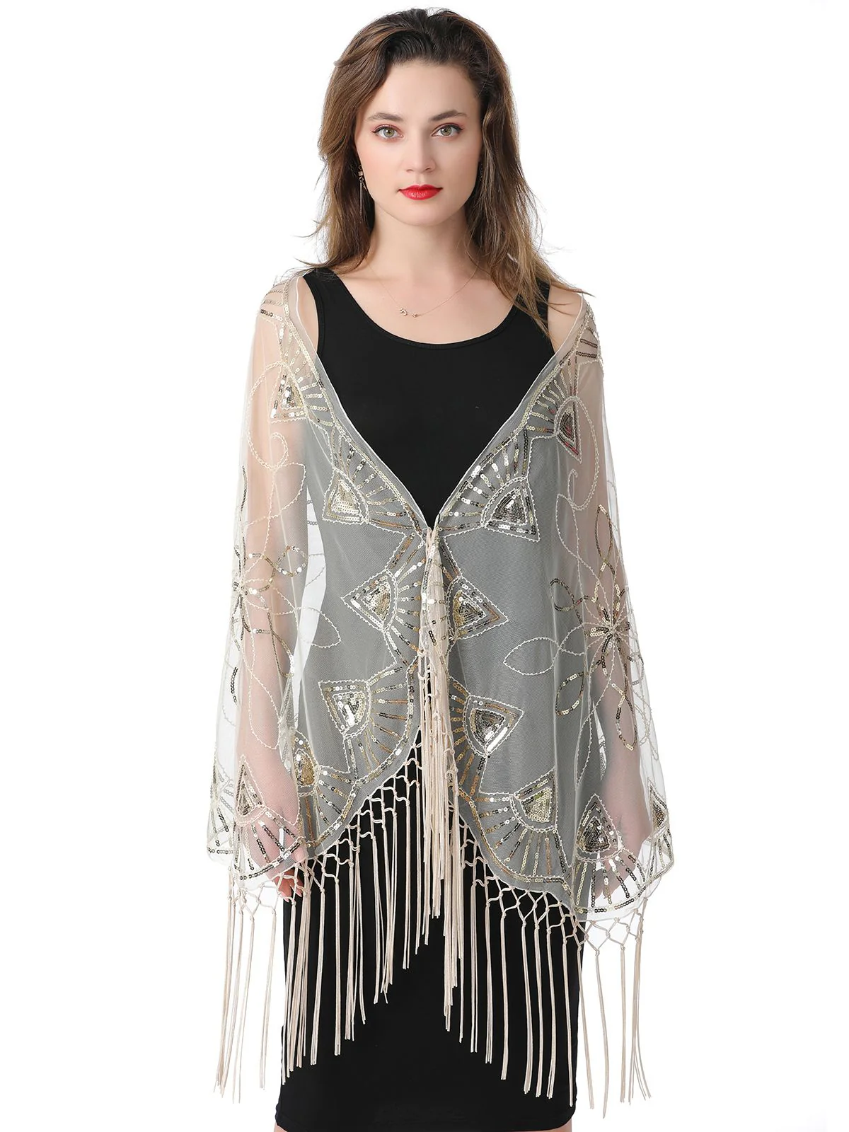 Gold 1920er Quaste Pailletten Netz Geometrische Muster Cape - Image 10