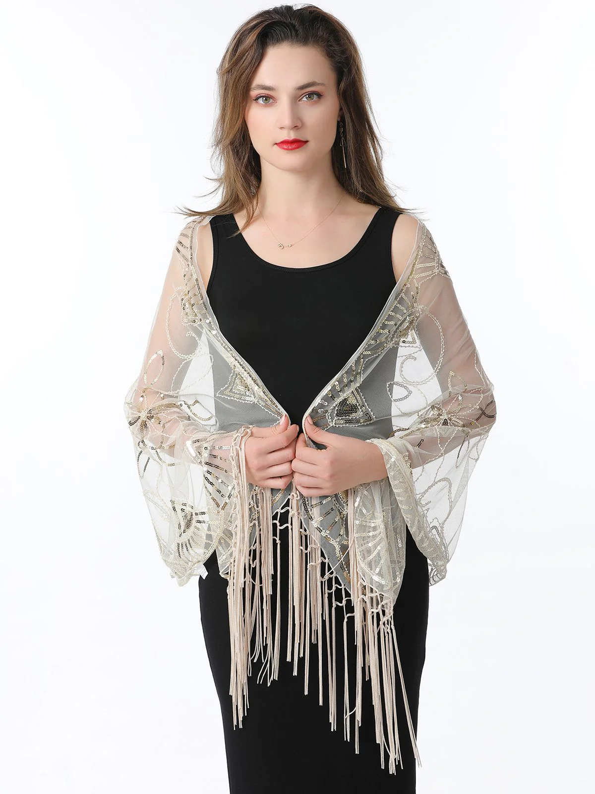Gold 1920er Quaste Pailletten Netz Geometrische Muster Cape - Image 12