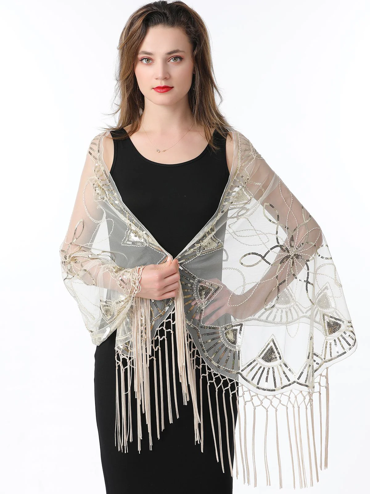 Gold 1920er Quaste Pailletten Netz Geometrische Muster Cape - Image 13