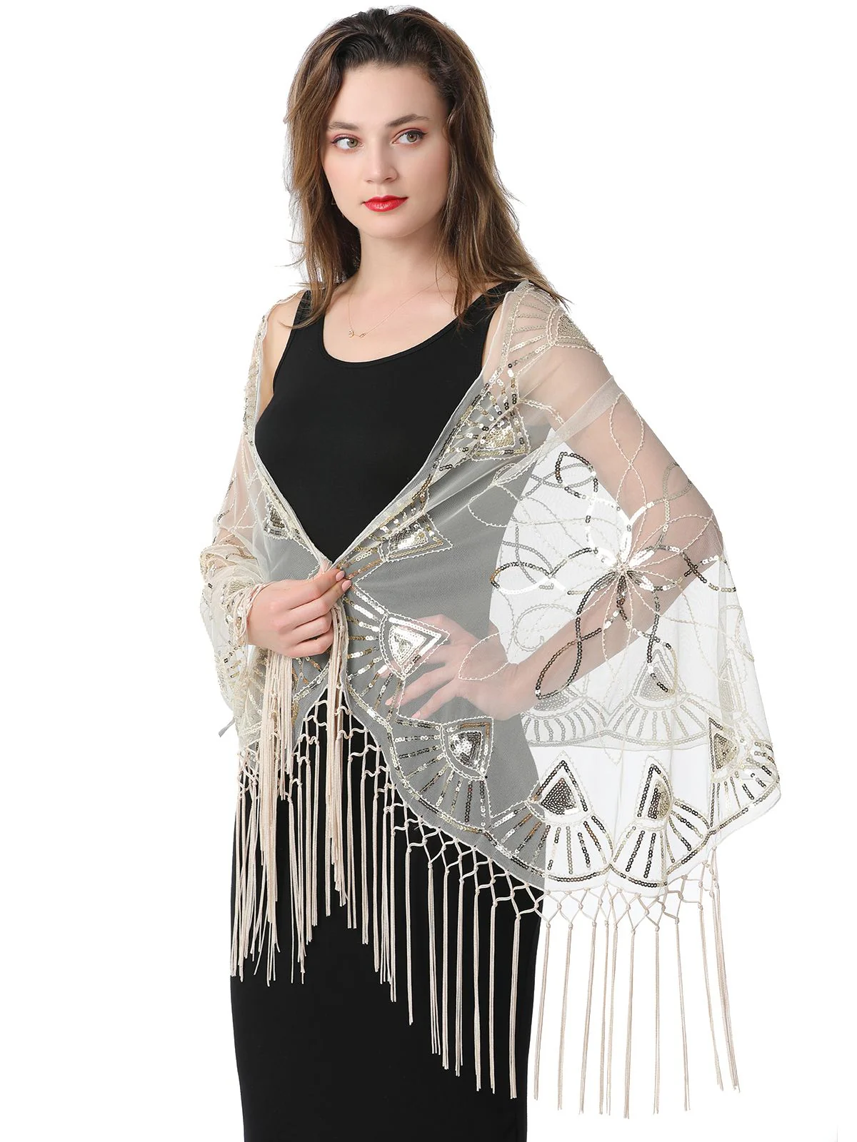 Gold 1920er Quaste Pailletten Netz Geometrische Muster Cape - Image 14