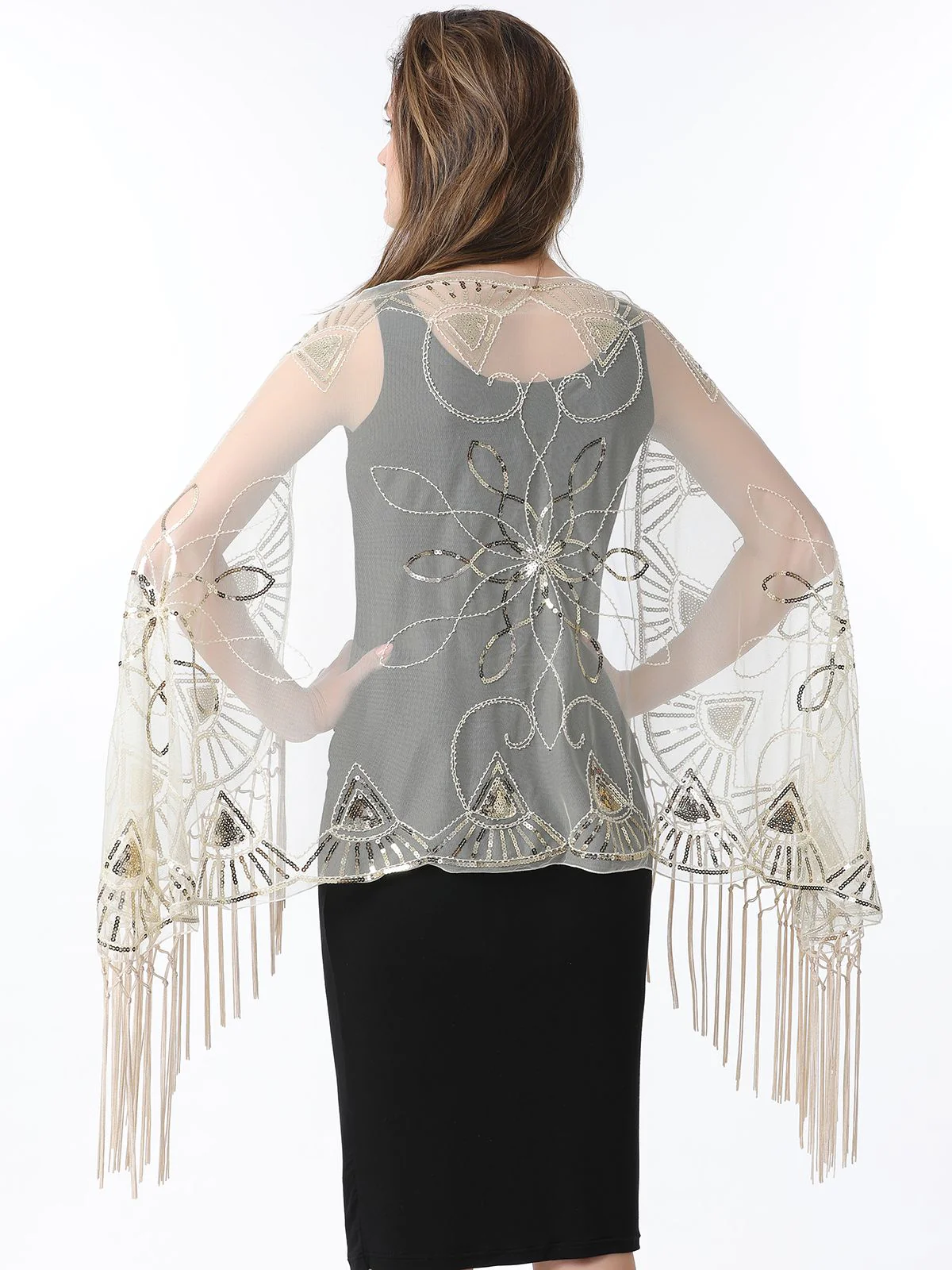 Gold 1920er Quaste Pailletten Netz Geometrische Muster Cape - Image 15