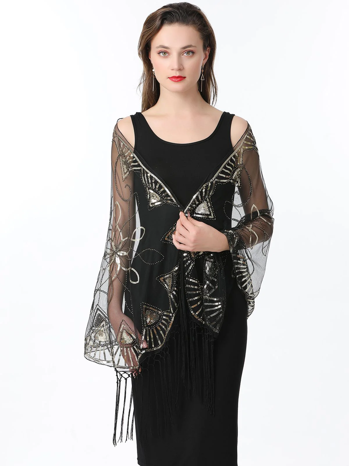 Gold 1920er Quaste Pailletten Netz Geometrische Muster Cape - Image 2