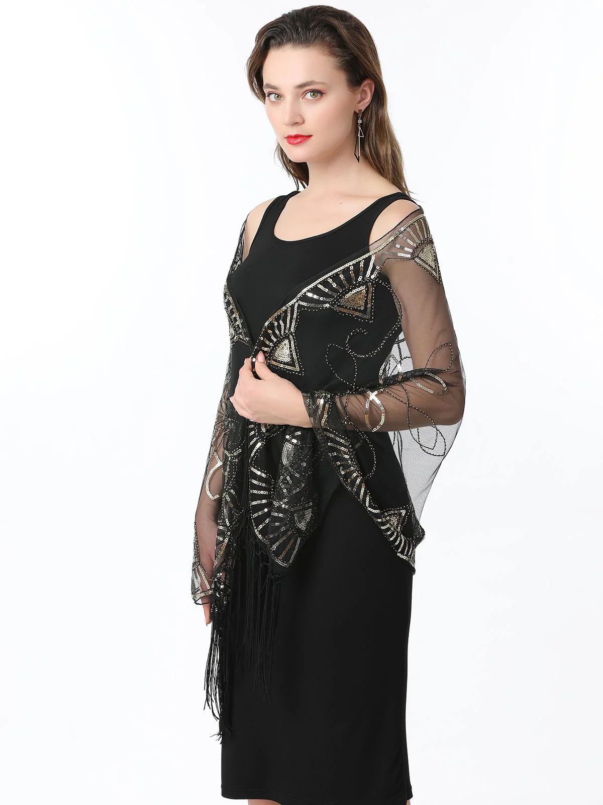 Gold 1920er Quaste Pailletten Netz Geometrische Muster Cape - Image 3