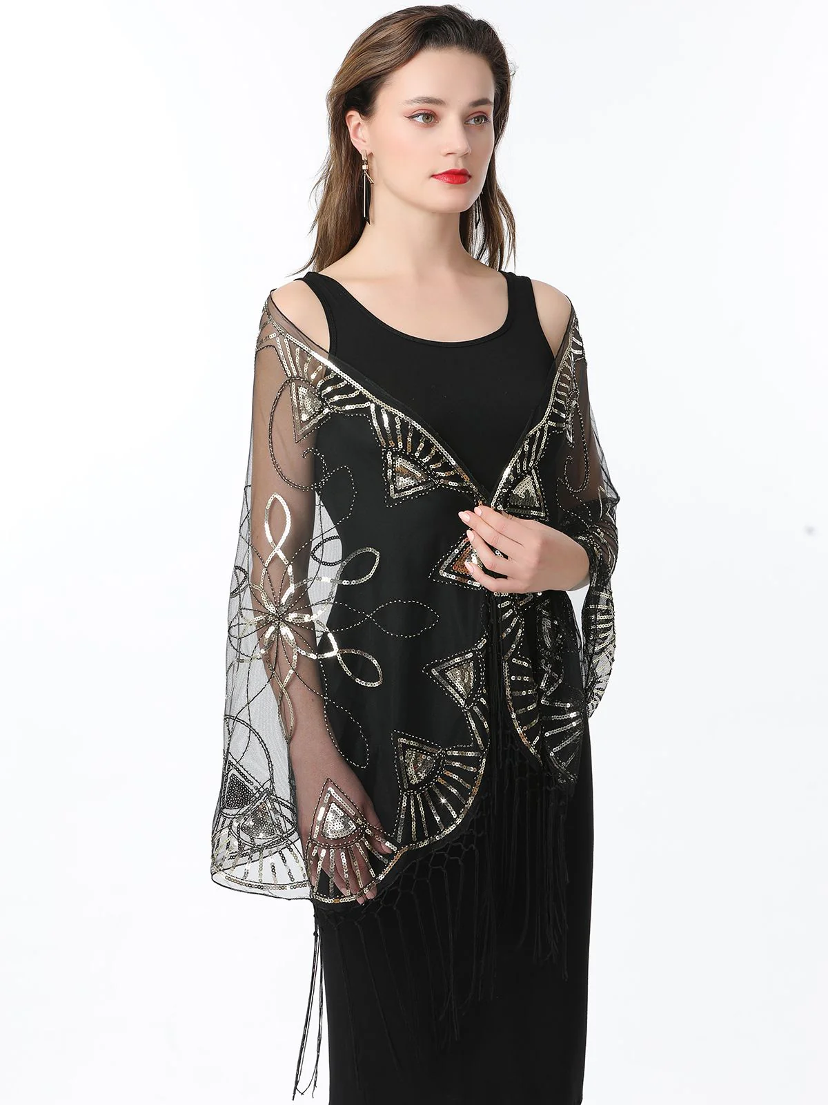 Gold 1920er Quaste Pailletten Netz Geometrische Muster Cape - Image 4