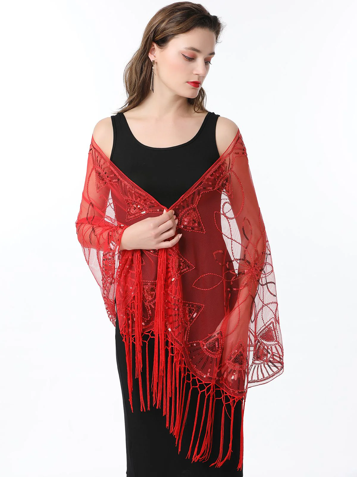 Gold 1920er Quaste Pailletten Netz Geometrische Muster Cape - Image 44