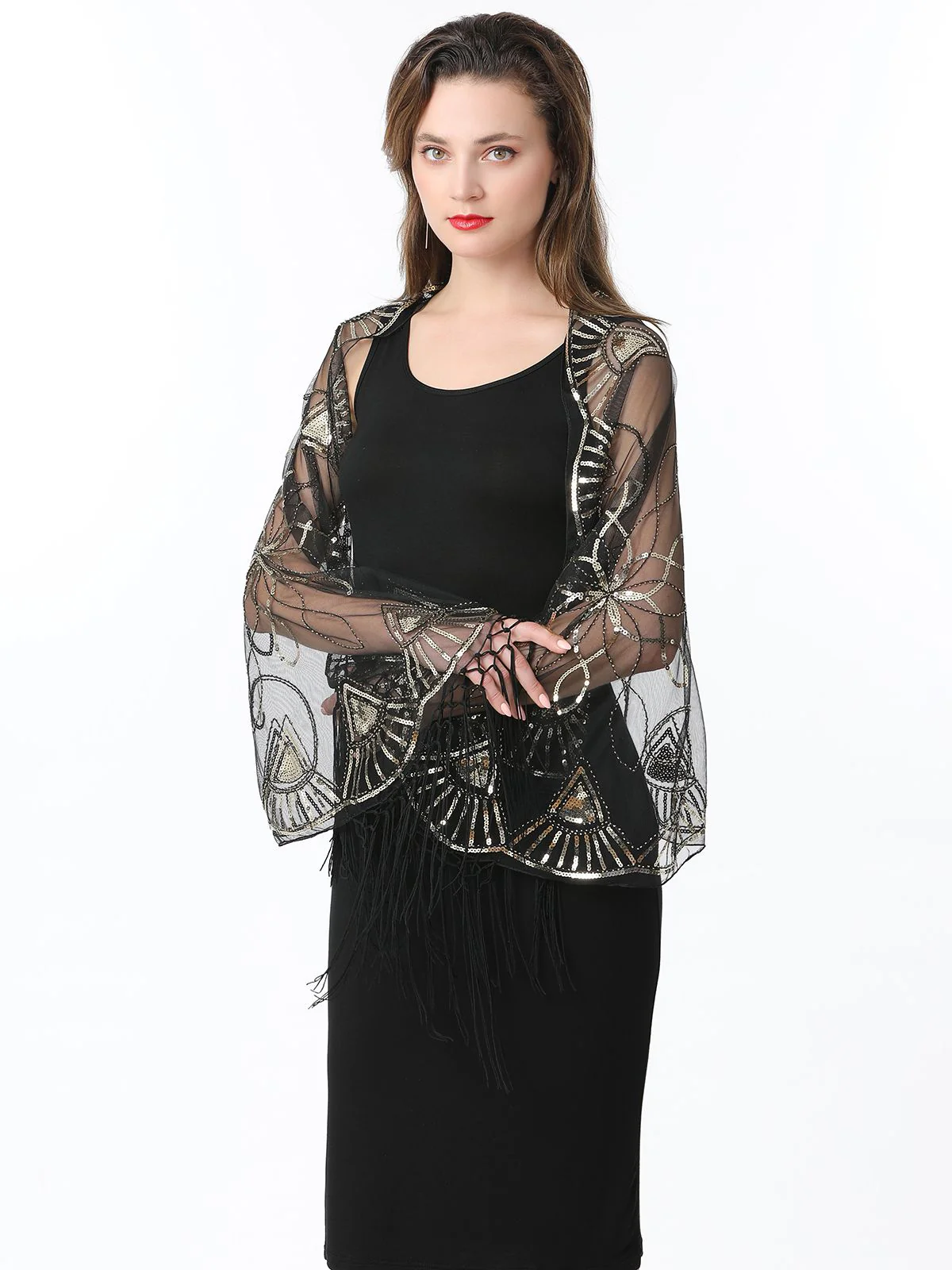 Gold 1920er Quaste Pailletten Netz Geometrische Muster Cape - Image 6