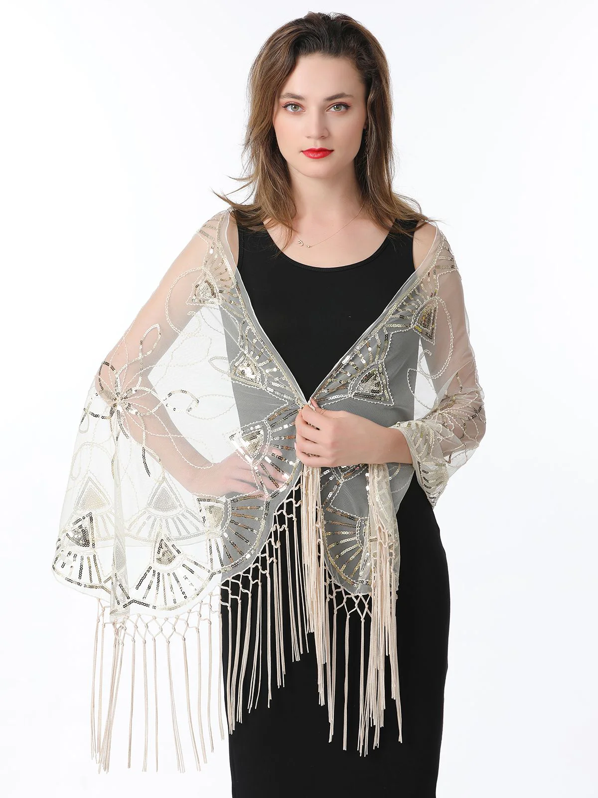 Gold 1920er Quaste Pailletten Netz Geometrische Muster Cape - Image 8