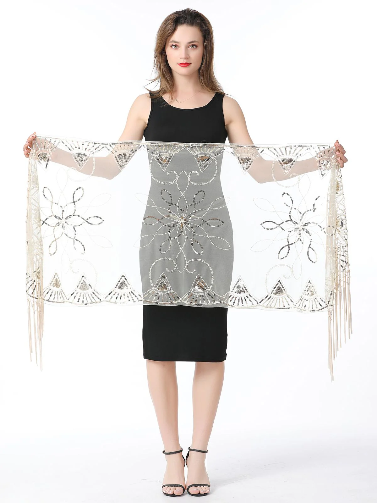 Gold 1920er Quaste Pailletten Netz Geometrische Muster Cape - Image 9