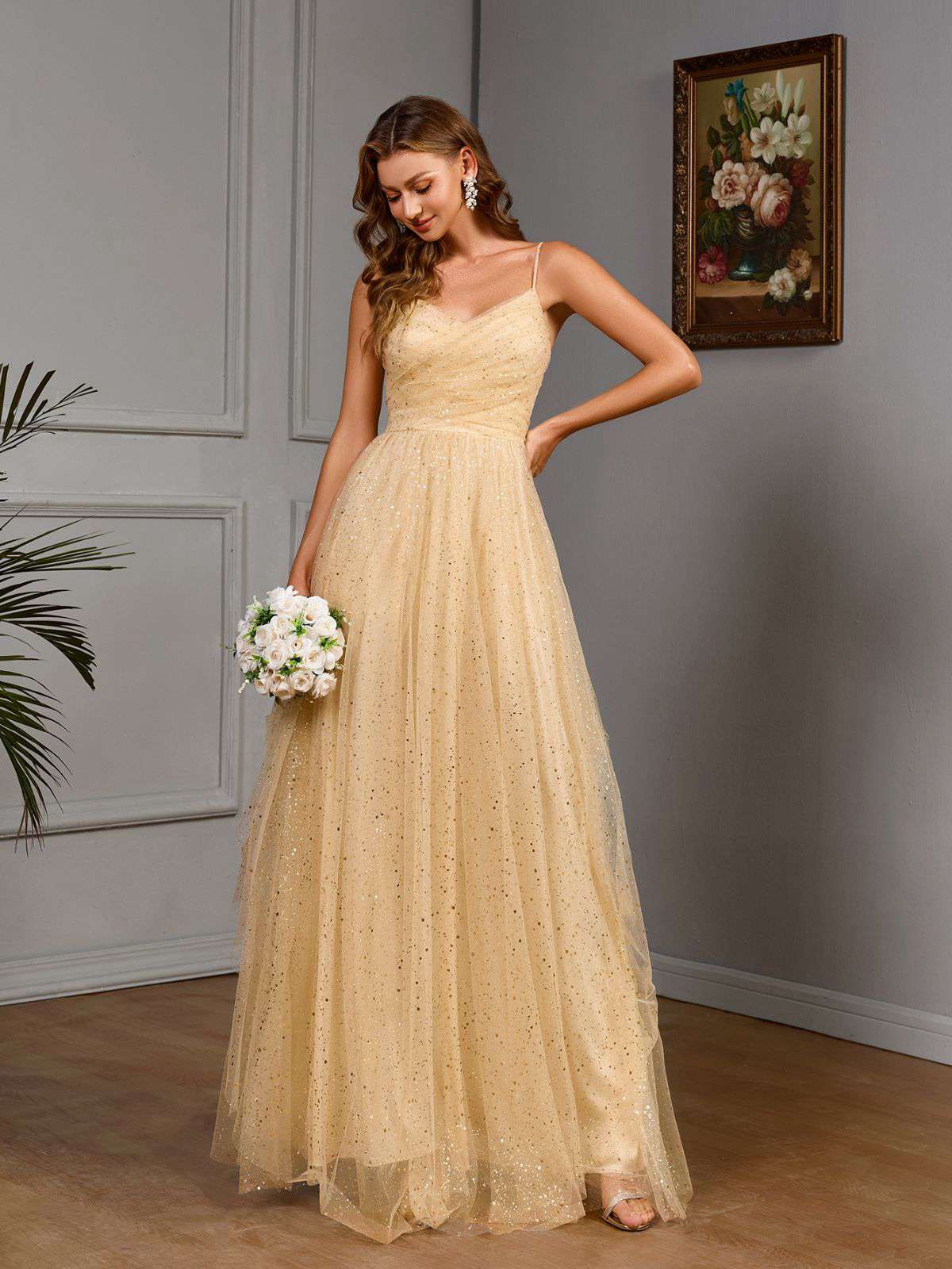 Gold 1930er Hochzeit Pailletten V-Ausschnitt Netz Kleid - Image 2