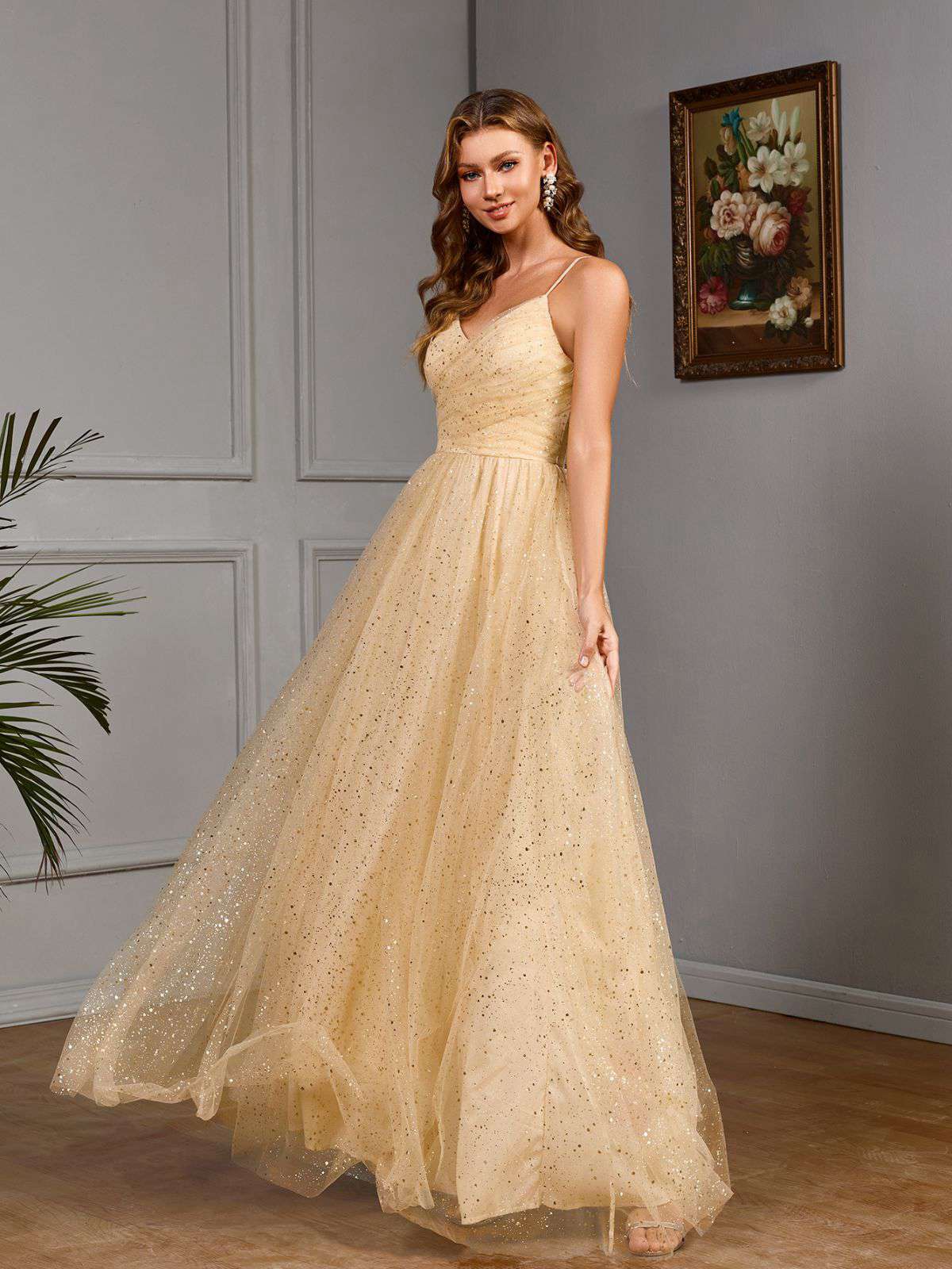 Gold 1930er Hochzeit Pailletten V-Ausschnitt Netz Kleid - Image 3