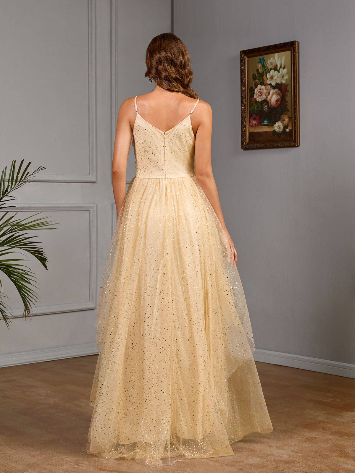 Gold 1930er Hochzeit Pailletten V-Ausschnitt Netz Kleid - Image 4