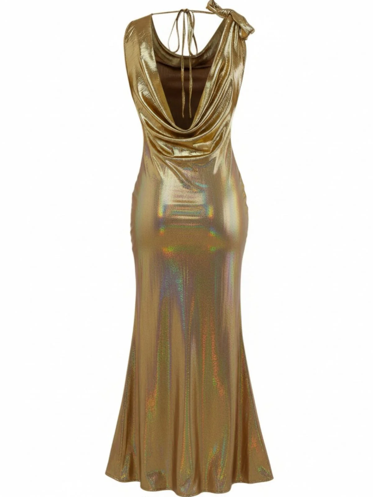Gold 1930er Metallisch Texturiert Bogen Wasserfallkragen Kleid - Image 2