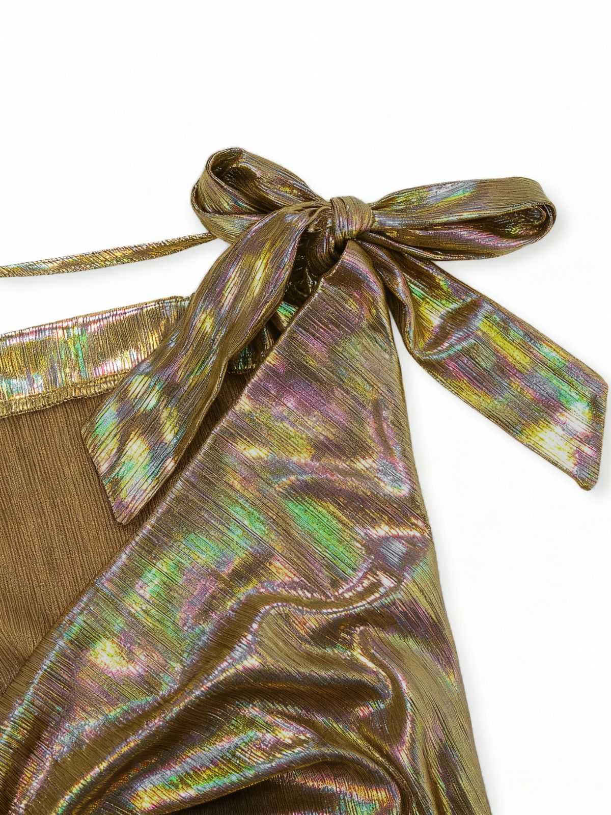 Gold 1930er Metallisch Texturiert Bogen Wasserfallkragen Kleid - Image 3