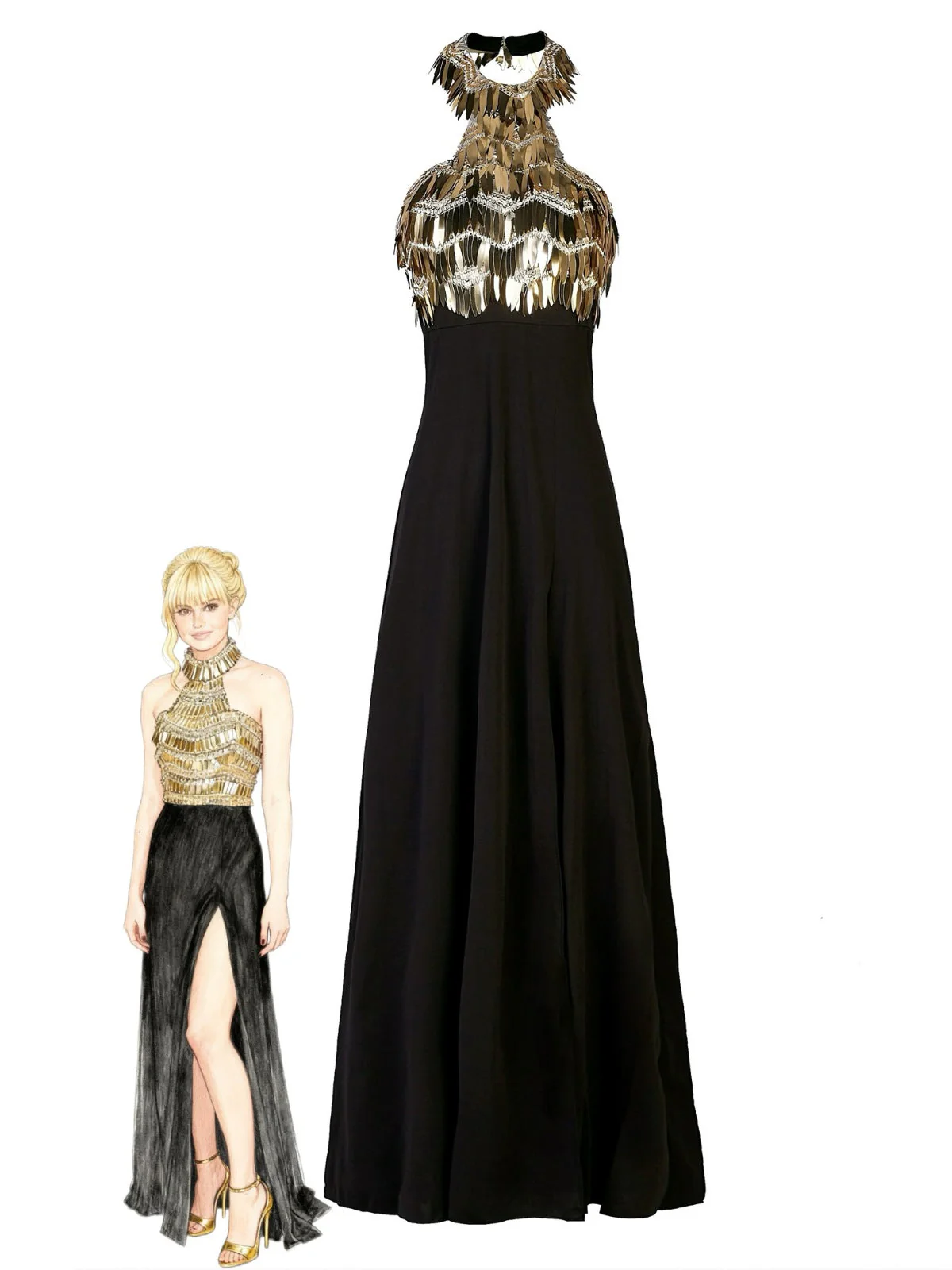 Gold 1930er Pailletten Patchwork Halter Rückenfrei Abend Kleid